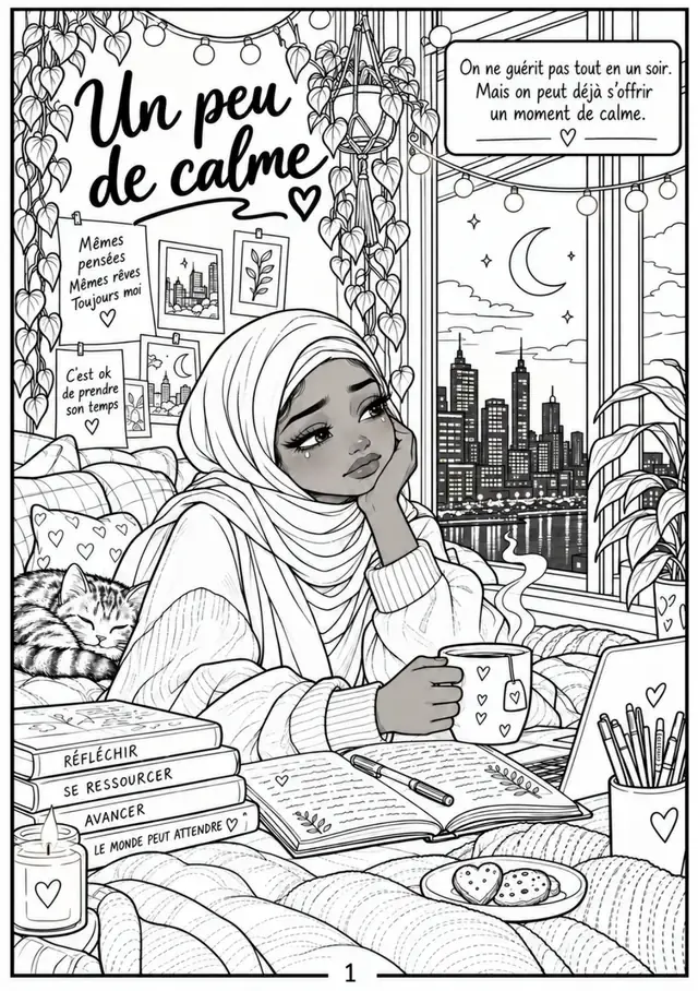 Page 1 du carnet Prends une pause : « Un peu de calme », illustration à colorier