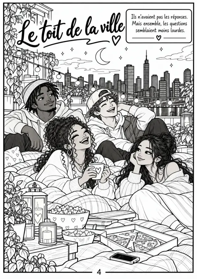 Page 4 du carnet Prends une pause : « Le toit de la ville », illustration à colorier